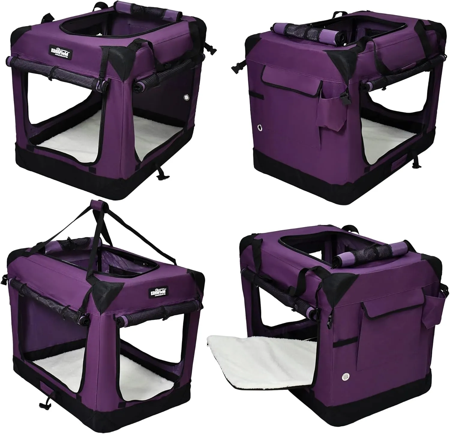 EliteField 4-Door Folding Soft Dog Crate with Curtains, Carrying Bag and Fleece Bed (2 Year Warranty), Indoor & Outdoor Pet Home (36" L x 24" W x 28" H, Purple 4 Door Curtains)