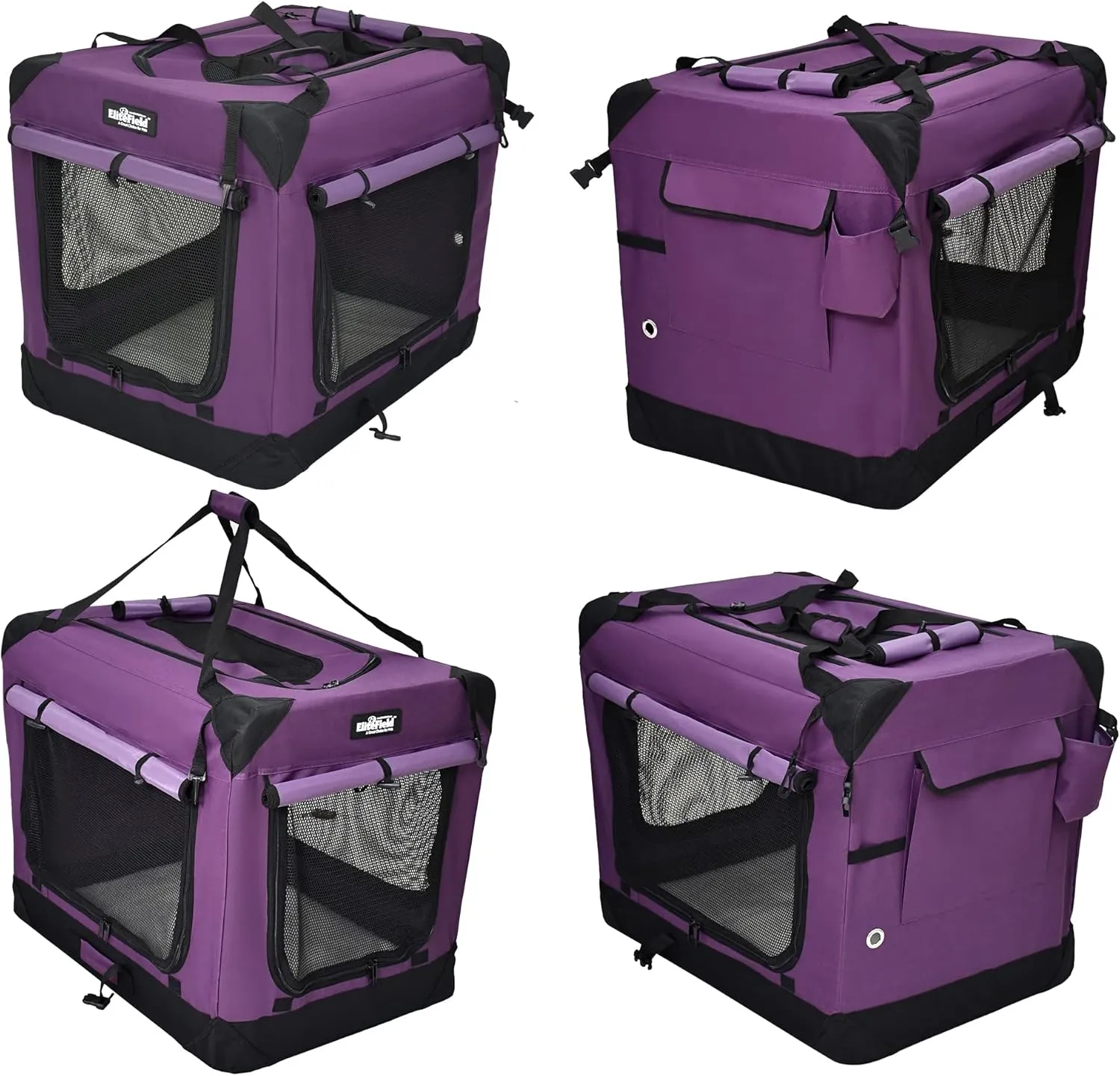 EliteField 4-Door Folding Soft Dog Crate with Curtains, Carrying Bag and Fleece Bed (2 Year Warranty), Indoor & Outdoor Pet Home (36" L x 24" W x 28" H, Purple 4 Door Curtains)