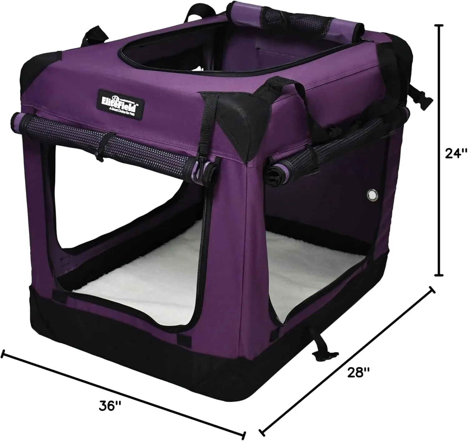 EliteField 4-Door Folding Soft Dog Crate with Curtains, Carrying Bag and Fleece Bed (2 Year Warranty), Indoor & Outdoor Pet Home (36" L x 24" W x 28" H, Purple 4 Door Curtains)