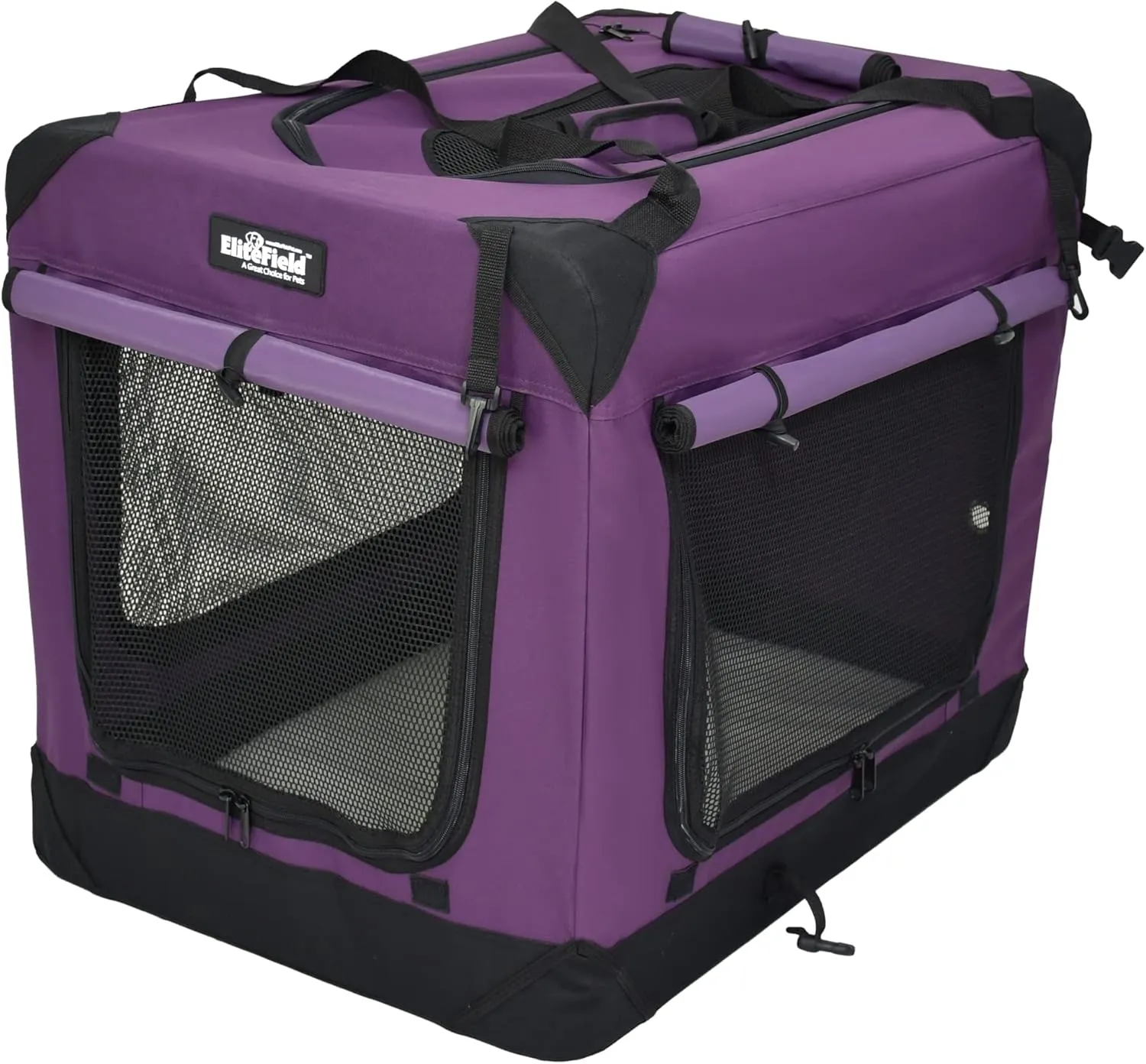 EliteField 4-Door Folding Soft Dog Crate with Curtains, Carrying Bag and Fleece Bed (2 Year Warranty), Indoor & Outdoor Pet Home (36" L x 24" W x 28" H, Purple 4 Door Curtains)