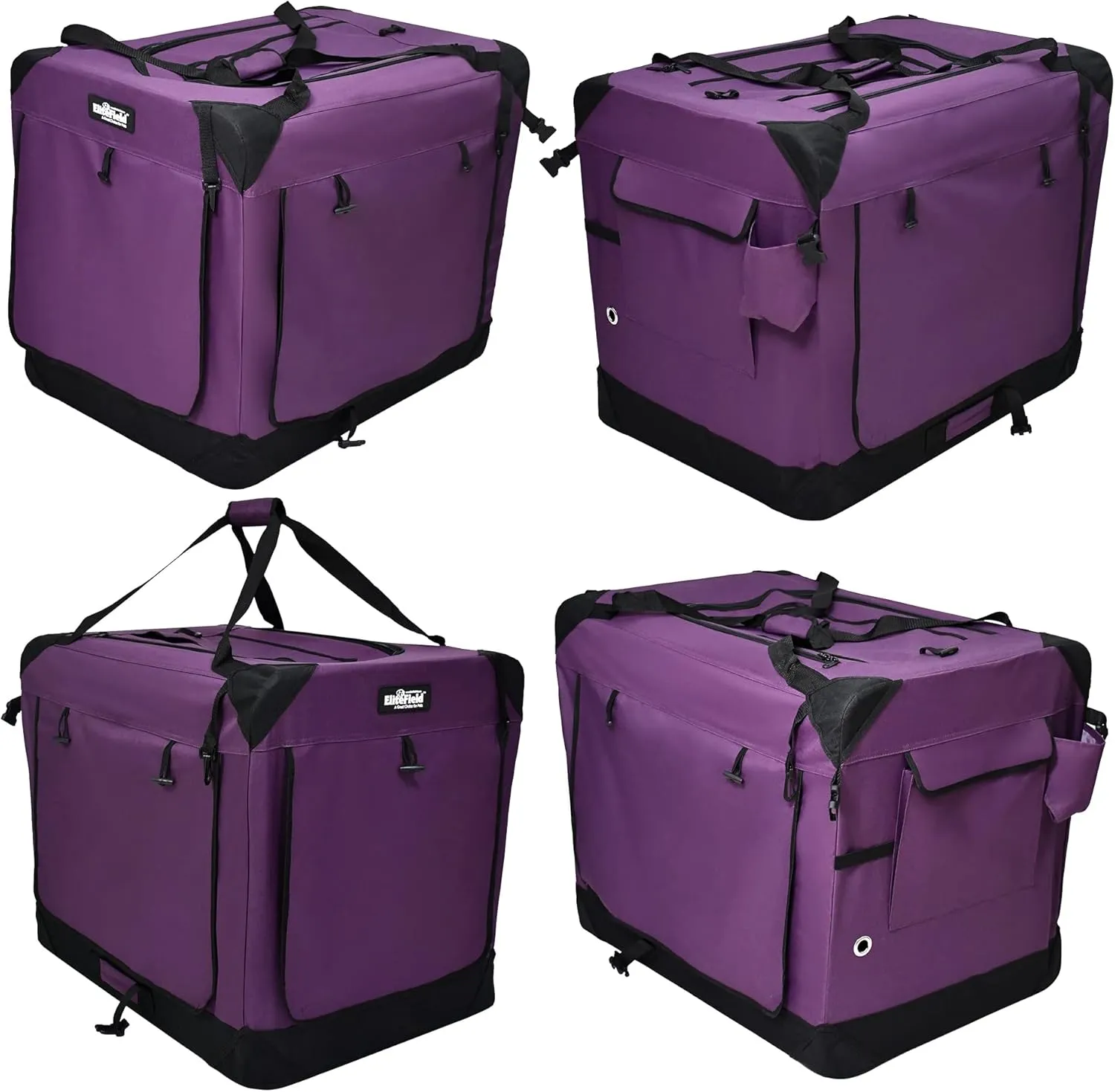 EliteField 4-Door Folding Soft Dog Crate with Curtains, Carrying Bag and Fleece Bed (2 Year Warranty), Indoor & Outdoor Pet Home (36" L x 24" W x 28" H, Purple 4 Door Curtains)