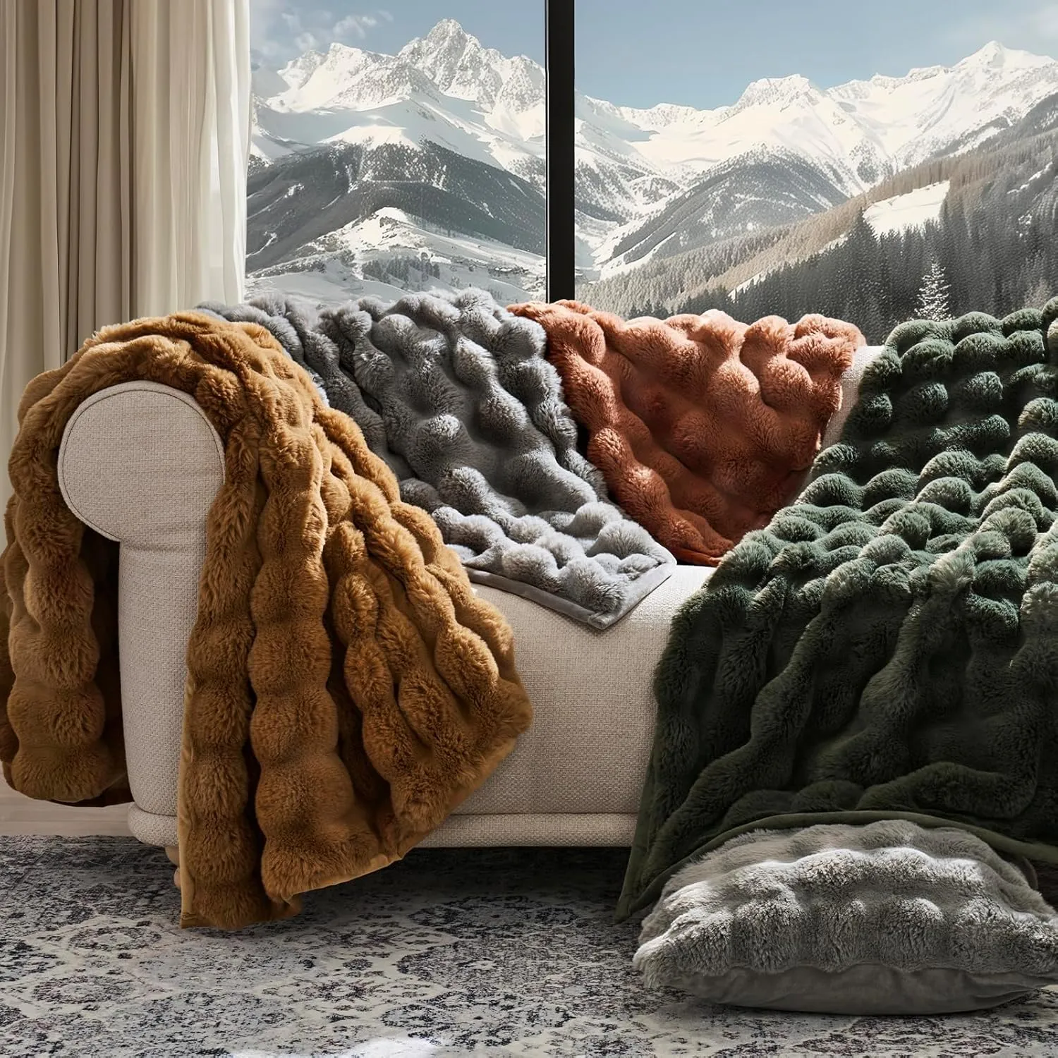 EVERGRACE Ultra Soft Luxury Fluffy Ridgeline Faux Rabbit Fur Throw Blanket, Thick Warm Bubble Throw for Bed, Cozy Plush Reversible Blankets for Couch, Chair, Sofa, Grey, 60x80 Inches, 870 GSM