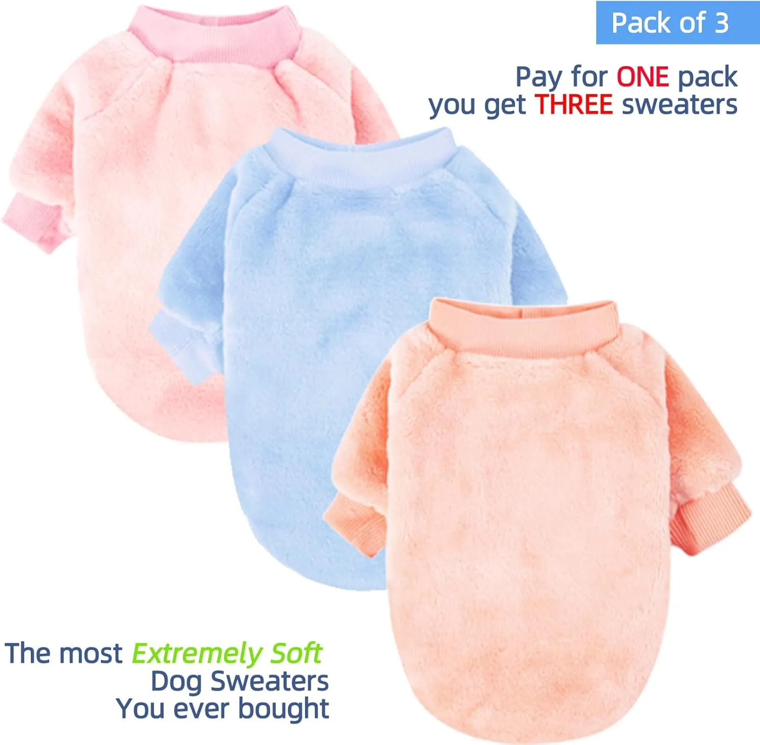 FabriCastle Dog Sweater, 3-Pack Dog Clothes, Soft and Warm Pet Jackets XXS XS for Small Dogs Girl & Cats, Winter Pet Apparel Costumes, Puppy Outfits (Ballet Pink,SkyBlue,Peach, X-Small)