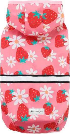 Fitwarm Strawberry Daisy Dog Raincoat with Hood, Waterproof Rain Jacket for Small Dogs Girl, Reflective Pet Poncho with Harness Opening, Packable, Adjustable, Pink, Large