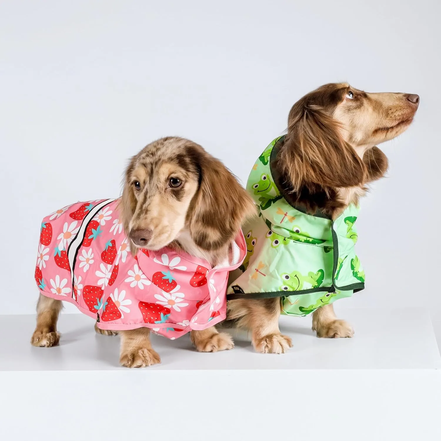 Fitwarm Strawberry Daisy Dog Raincoat with Hood, Waterproof Rain Jacket for Small Dogs Girl, Reflective Pet Poncho with Harness Opening, Packable, Adjustable, Pink, Large