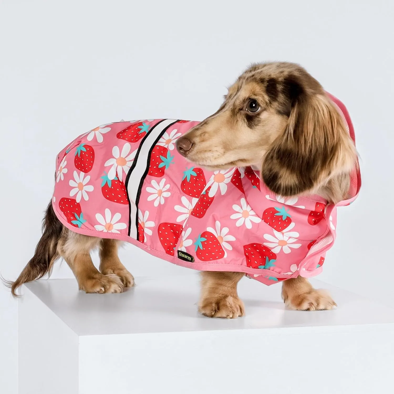 Fitwarm Strawberry Daisy Dog Raincoat with Hood, Waterproof Rain Jacket for Small Dogs Girl, Reflective Pet Poncho with Harness Opening, Packable, Adjustable, Pink, Large