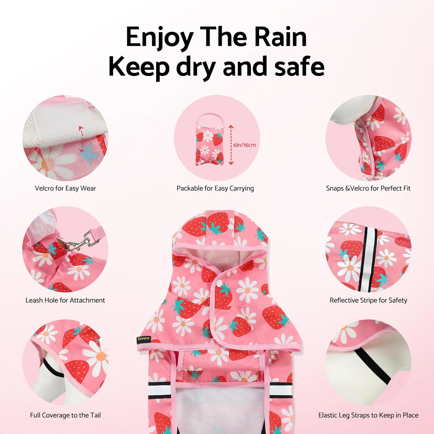 Fitwarm Strawberry Daisy Dog Raincoat with Hood, Waterproof Rain Jacket for Small Dogs Girl, Reflective Pet Poncho with Harness Opening, Packable, Adjustable, Pink, Large