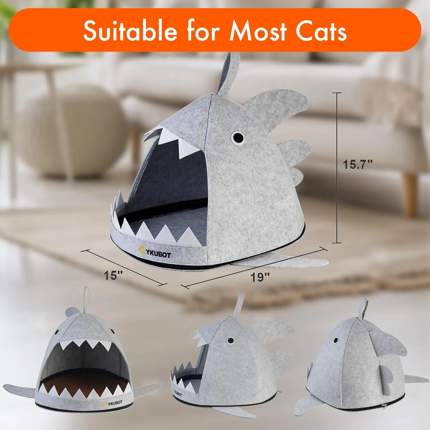 Foldable Shark-Shaped Cat Bed Cave - Easy-Zip Storage, Removable Cooling &Warming Mat, Carry Bag, L19 x W15 x H15.7 Inches [Grey]