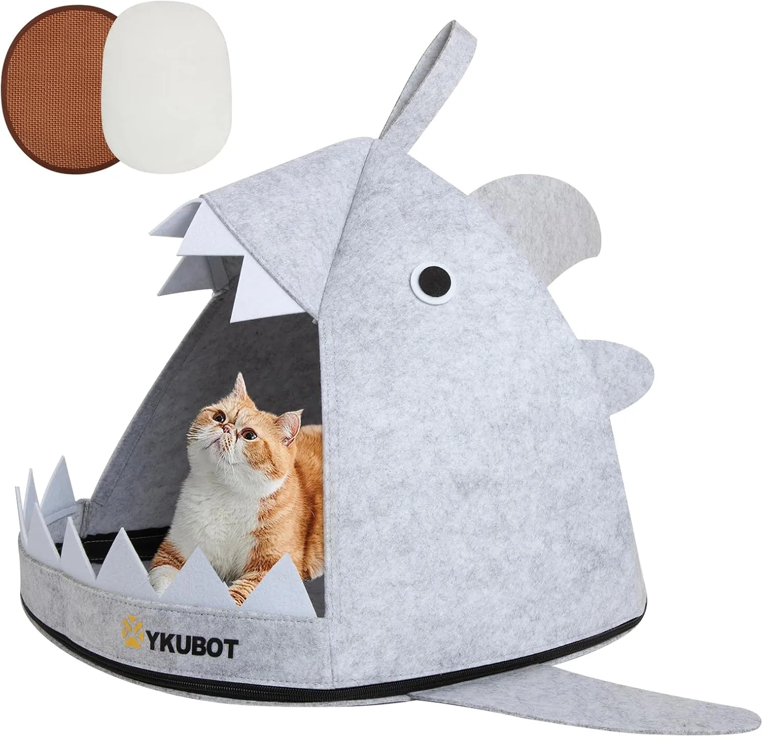Foldable Shark-Shaped Cat Bed Cave - Easy-Zip Storage, Removable Cooling &Warming Mat, Carry Bag, L19 x W15 x H15.7 Inches [Grey]