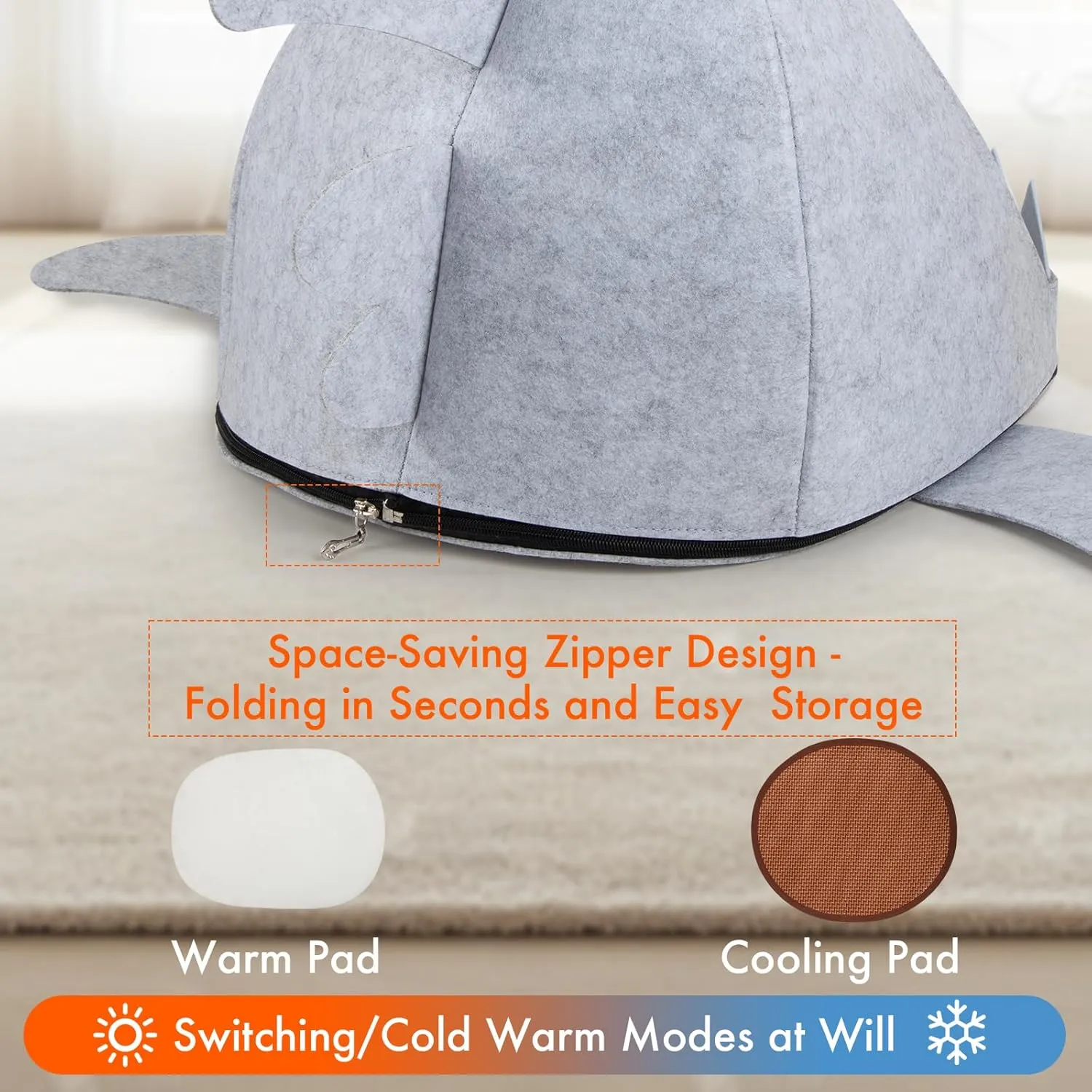 Foldable Shark-Shaped Cat Bed Cave - Easy-Zip Storage, Removable Cooling &Warming Mat, Carry Bag, L19 x W15 x H15.7 Inches [Grey]