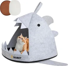 Foldable Shark-Shaped Cat Bed Cave - Easy-Zip Storage, Removable Cooling &Warming Mat, Carry Bag, L19 x W15 x H15.7 Inches [Grey]