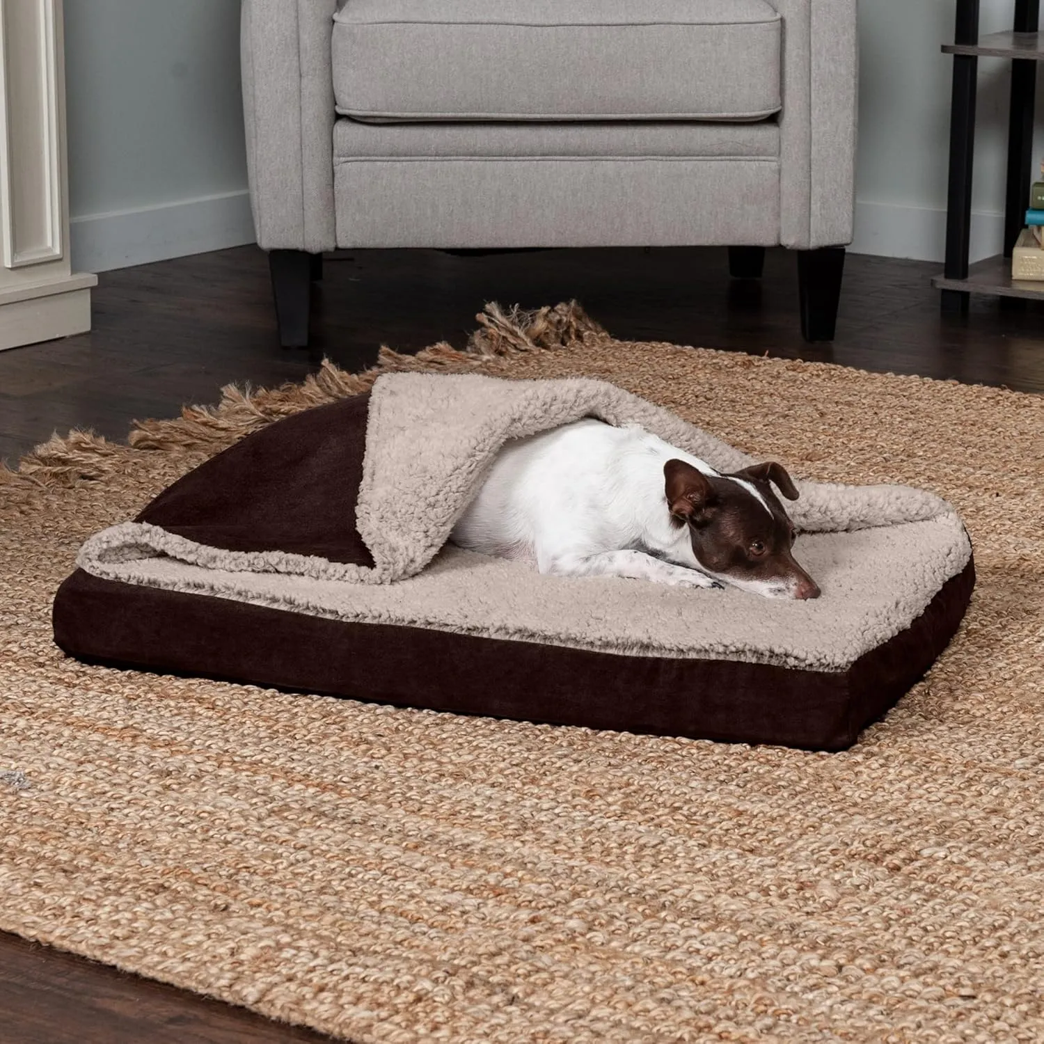 Furhaven Memory Foam Dog Bed for Medium/Small Dogs w/ Removable Washable Cover, For Dogs Up to 35 lbs - Berber & Suede Blanket Top Mattress - Espresso, Medium