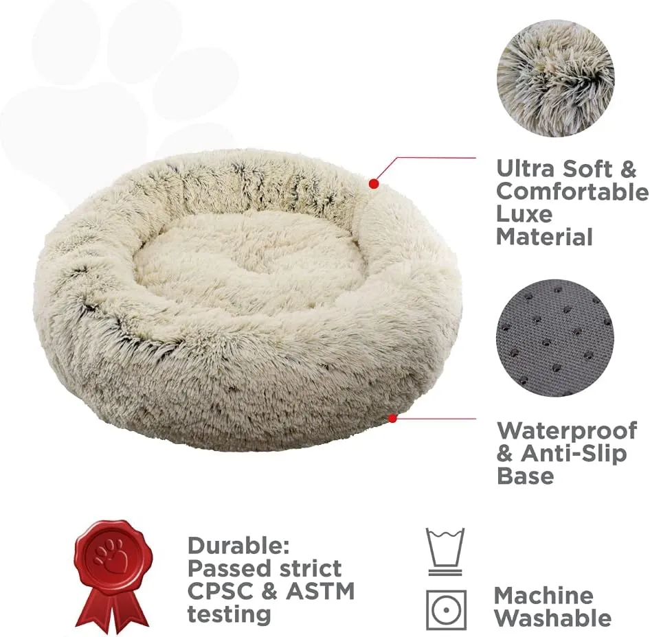 FuzzBall Fluffy Luxe Pet Bed, Calming Donut Cuddler  Machine Washable, Waterproof Base, Anti-Slip (for Small Dogs and Cats up to 25lbs)