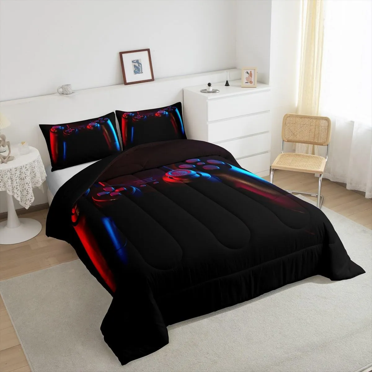 Gamer Comforter Set for Boys Girls Man Gaming Bedding Set,Black Gamepad Home Decor Player Video Game Duvet Insert Teens Kids 2 Pieces 1 Down Comforter with 1 Pieces Pillowcase(Twin Size,All Season)