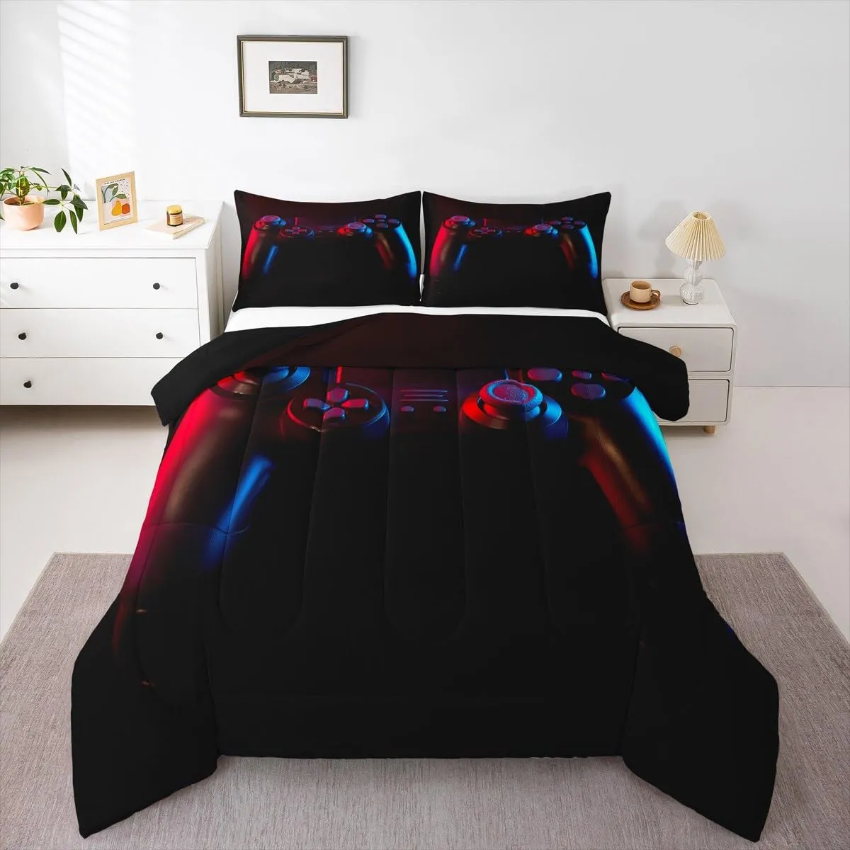Gamer Comforter Set for Boys Girls Man Gaming Bedding Set,Black Gamepad Home Decor Player Video Game Duvet Insert Teens Kids 2 Pieces 1 Down Comforter with 1 Pieces Pillowcase(Twin Size,All Season)