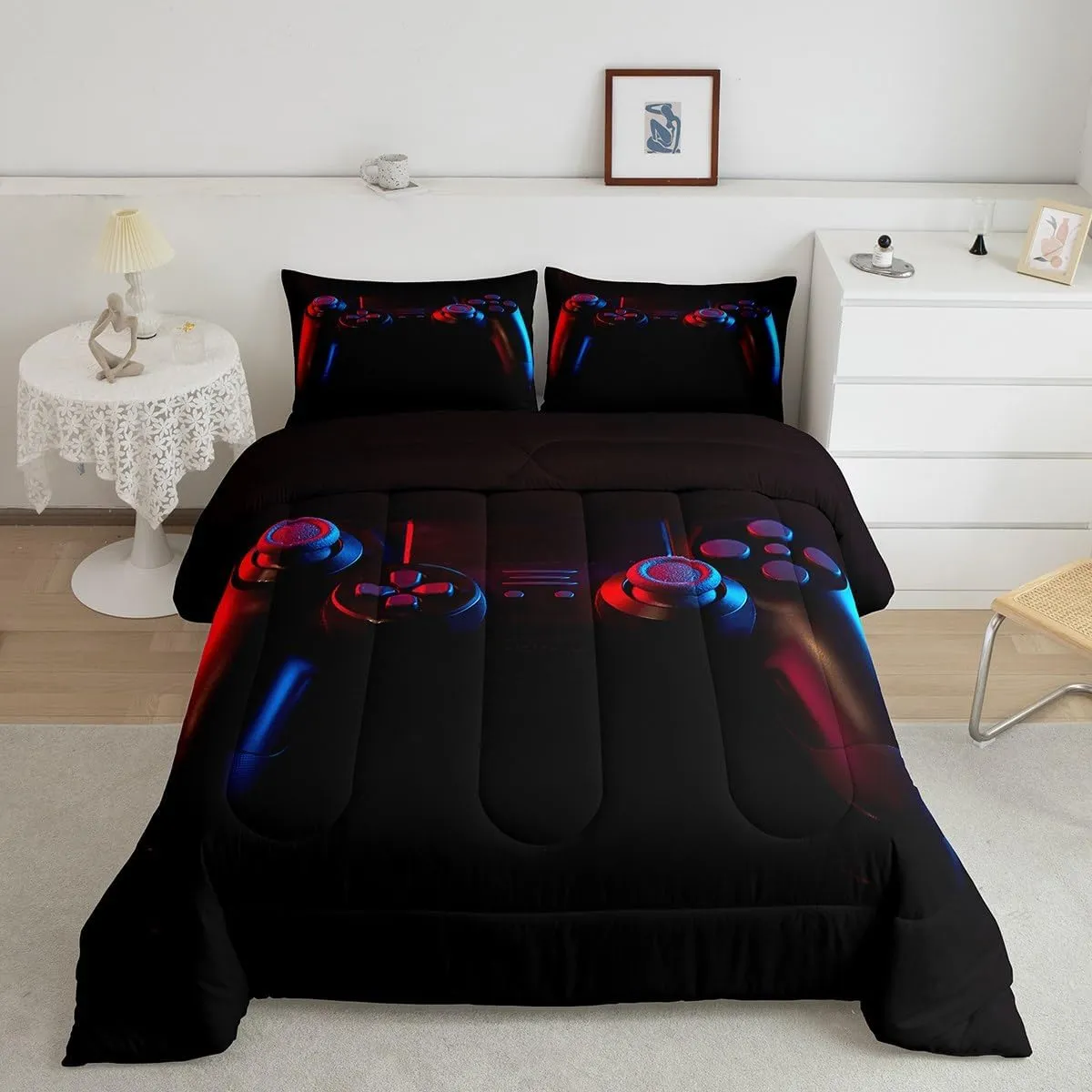 Gamer Comforter Set for Boys Girls Man Gaming Bedding Set,Black Gamepad Home Decor Player Video Game Duvet Insert Teens Kids 2 Pieces 1 Down Comforter with 1 Pieces Pillowcase(Twin Size,All Season)