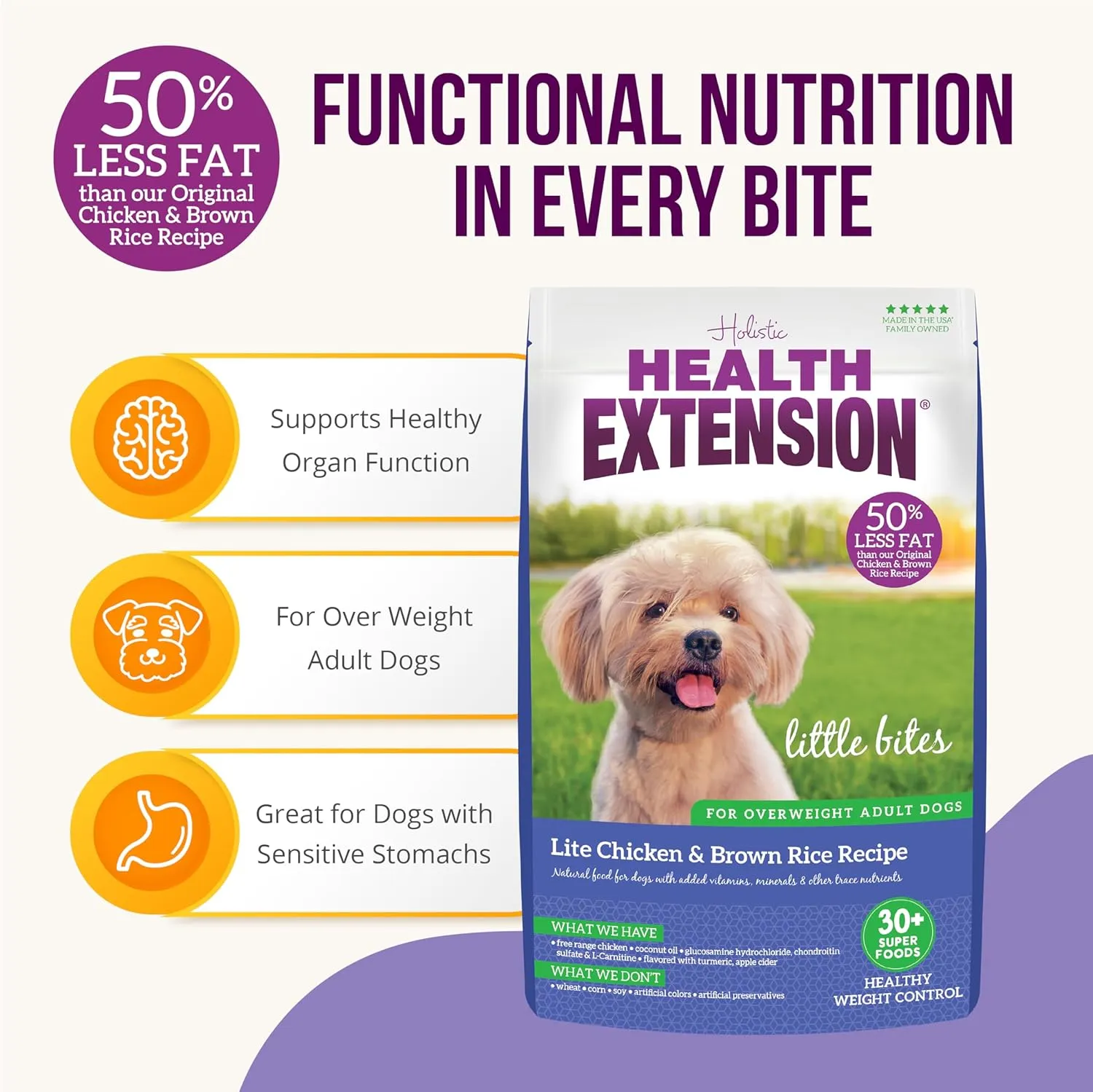Health Extension Little Bites Lite Chicken & Brown Rice Dry Dog Food (4 lb / 1.8 Kg) - Natural with Probiotics and Superfoods for Overweight Adult Dogs (Pack of 2)