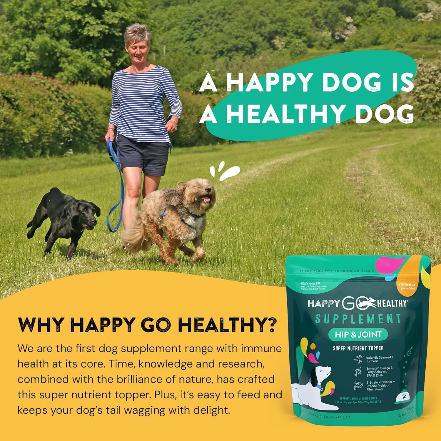Hip & Joint Supplements for Dogs | Probiotic & Prebiotic Benefits with Wild Salmon Omega 3s to Help Your Dog Reach New Heights | All Breeds and Sizes | 120 Count