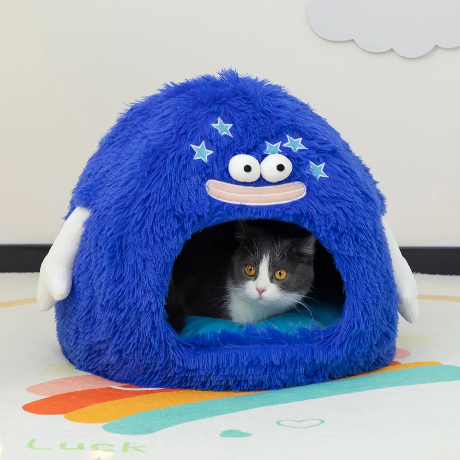 Hollypet Cat Bed Cave Tent House for Indoor Cats Pet Sleeping Bed Nest with Washable Cushion for Kittens and Small Pets, Royal Blue Monster