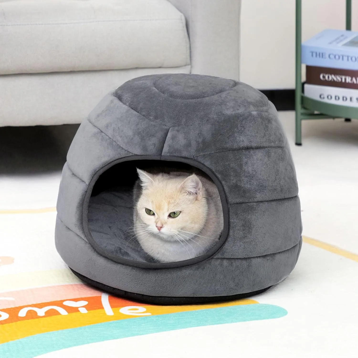 Hollypet Coral Velvet Cat Bed, 161612.5 inches 2 in 1 Foldable Cave, Self-Warming High Elastic Foam Pet Bed for Cats, Dark Gray