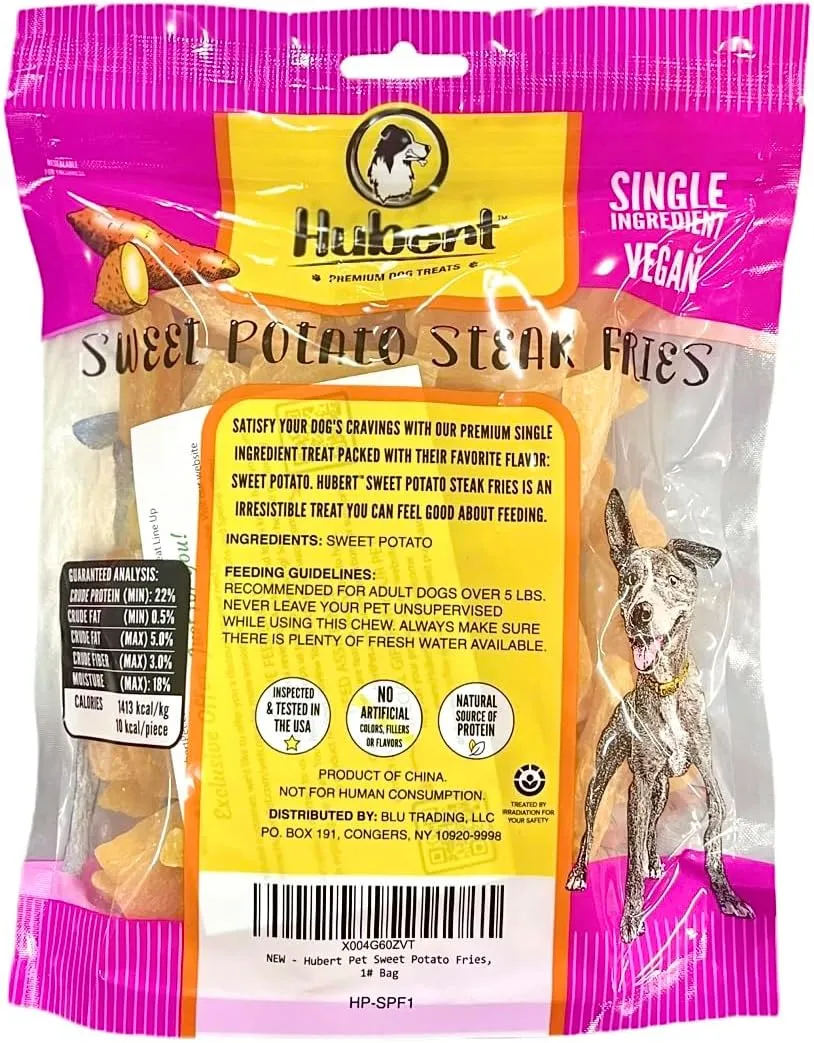 Hubert Pet Premium Sweet Potato Fries Dog Treats, Single-Ingredient & Vegan, All-Natural for All Breeds, No Additives  1 lb Bag