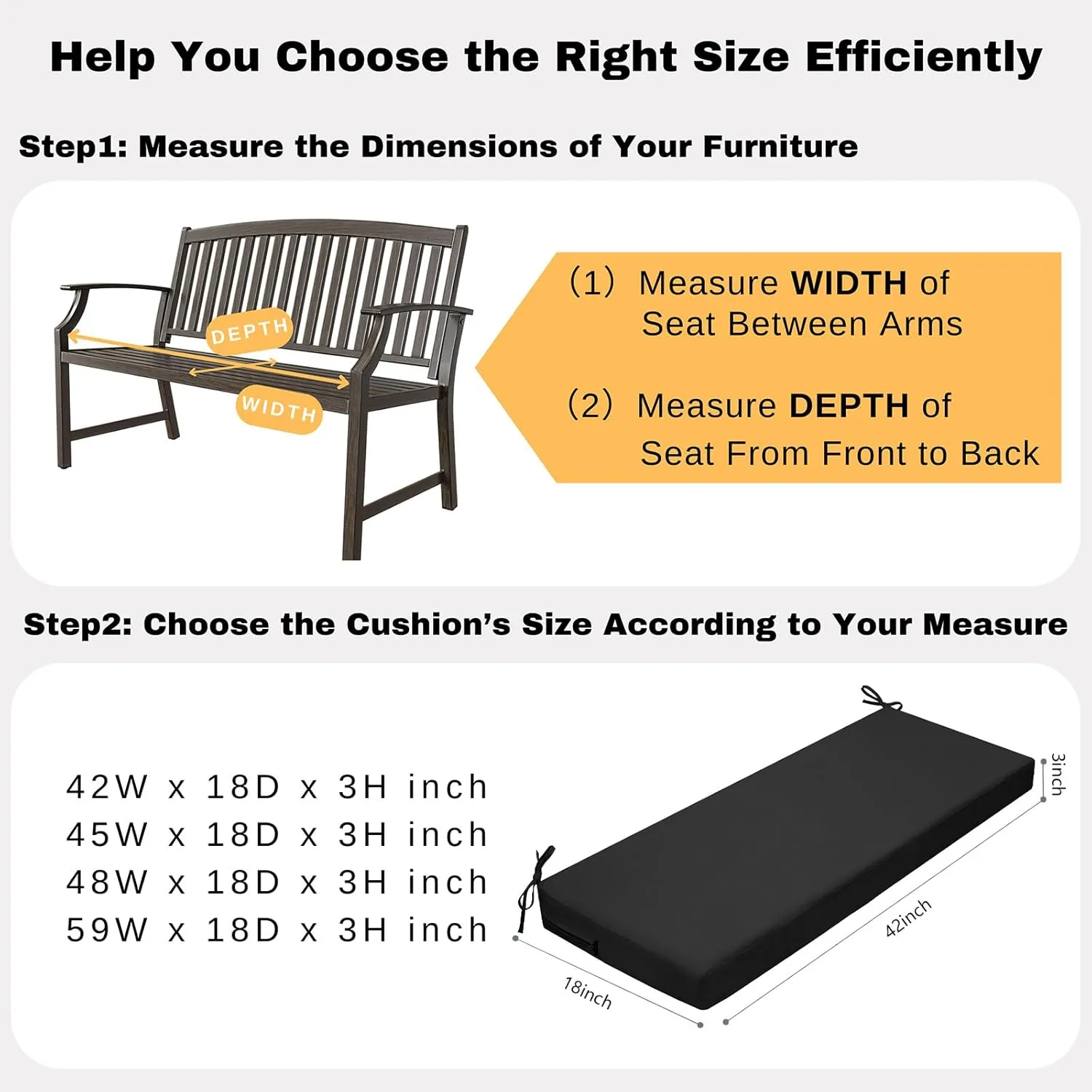 idee-home Outdoor Bench Cushion Waterproof, Bench Cushions for Outdoor Furniture, Patio Porch Swing Replacement Seat Pad with Ties for Garden Backyard, 42 x 18 Inch Black