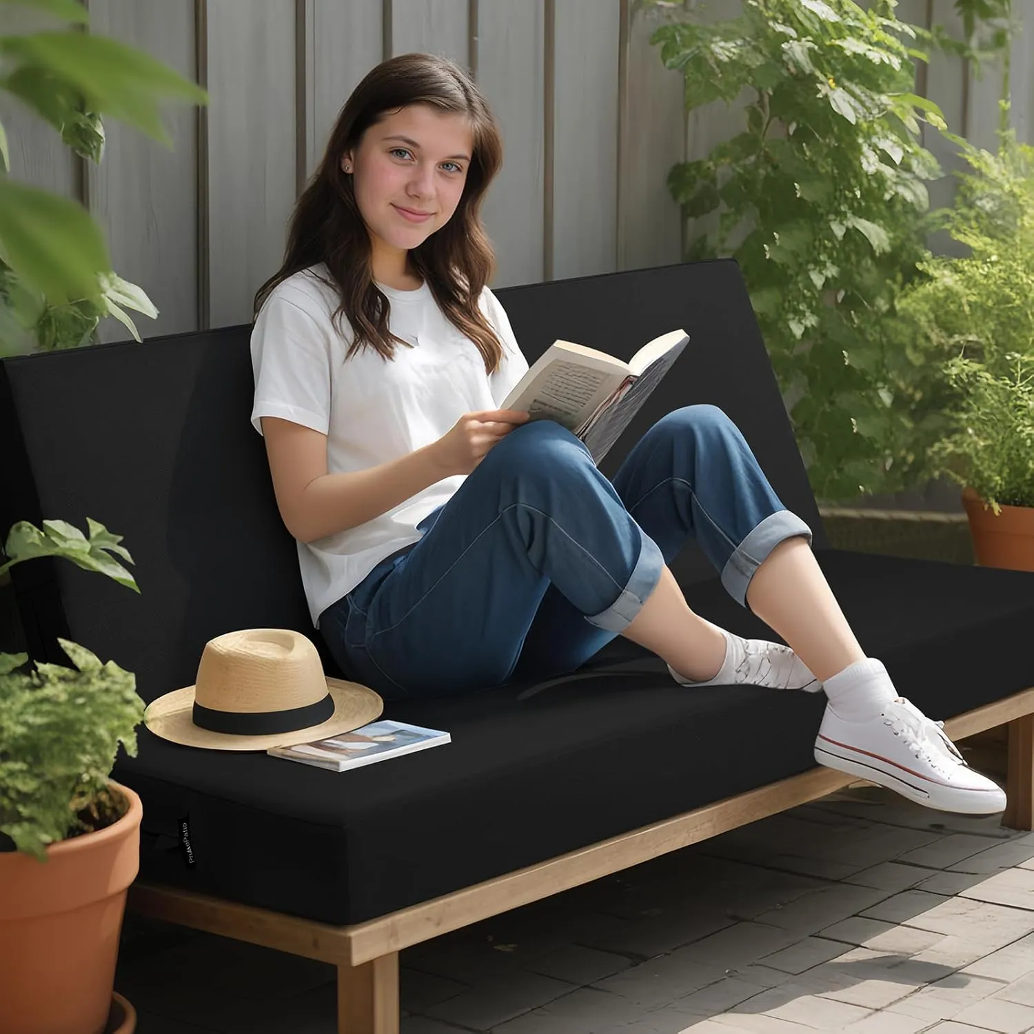 idee-home Outdoor Bench Cushion Waterproof, Bench Cushions for Outdoor Furniture, Patio Porch Swing Replacement Seat Pad with Ties for Garden Backyard, 42 x 18 Inch Black