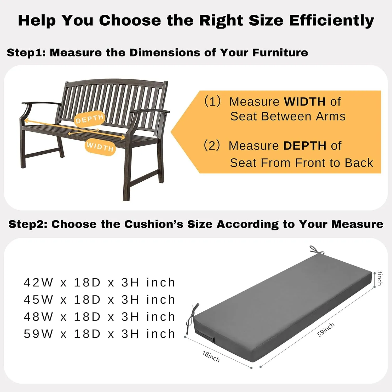 idee-home Outdoor Bench Cushion Waterproof, Bench Cushions for Outdoor Furniture, Patio Porch Swing Replacement Seat Pad with Ties for Garden Backyard, 59 x 18 Inch Dark Grey