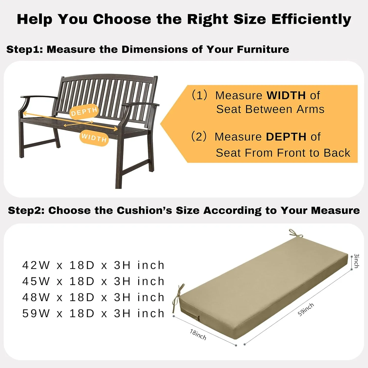 idee-home Outdoor Bench Cushion Waterproof, Bench Cushions for Outdoor Furniture, Patio Porch Swing Replacement Seat Pad with Ties for Garden Backyard, 59 x 18 Inch