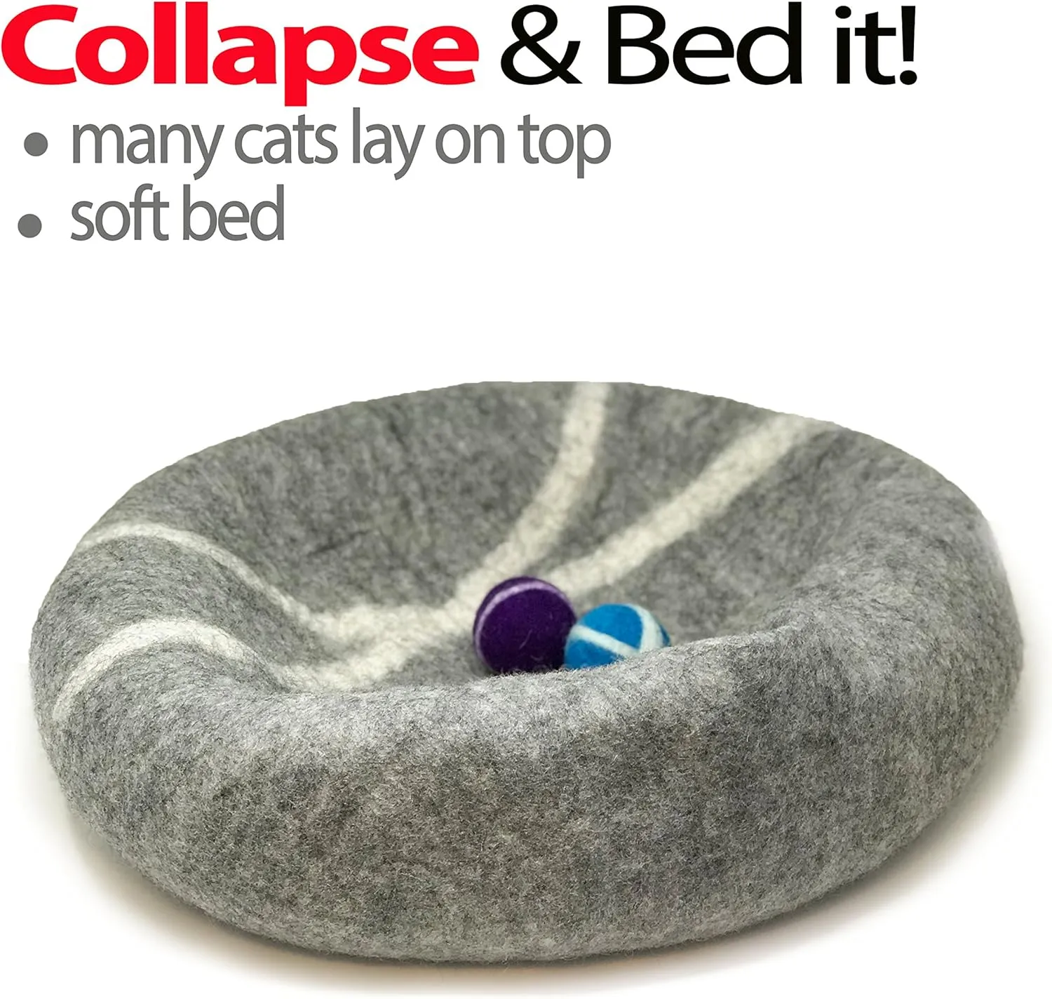 iPrimio 100% Natural Wool Eco-Friendly Cat & Kitten Cave Bed - Cozy House Indoor Bed for Cats & Kittens - Pet Felt Cat Cave, Cushion, Cove, Nest, Hideout, Hideaway, Tent, Tunnel Beds (Light Gray)