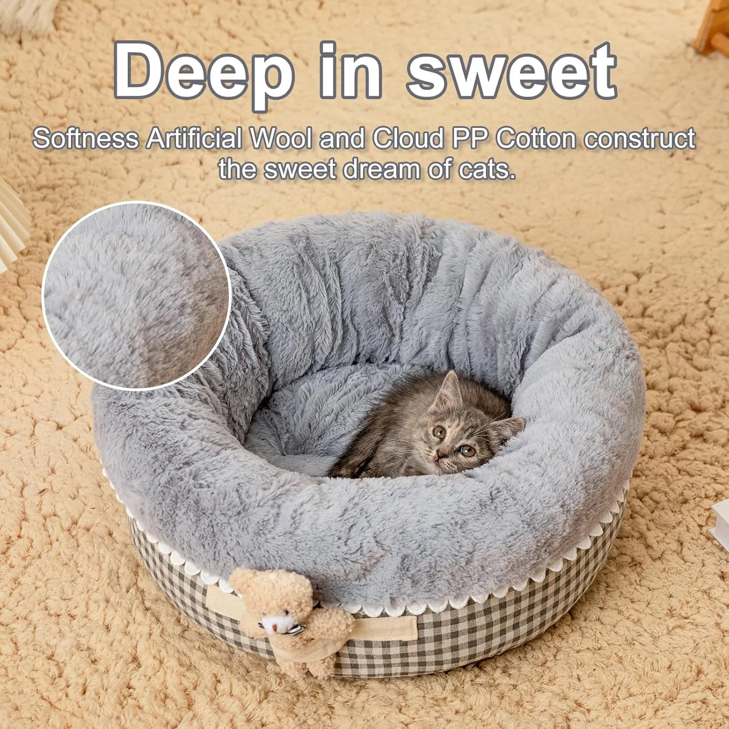 Jiupety Teddy Donut Cat & Dog Bed - Washable, Warm & Calming, Suitable for Kittens & Puppies, Anti-Slip, Gray, 20" Round, Fits 12lbs