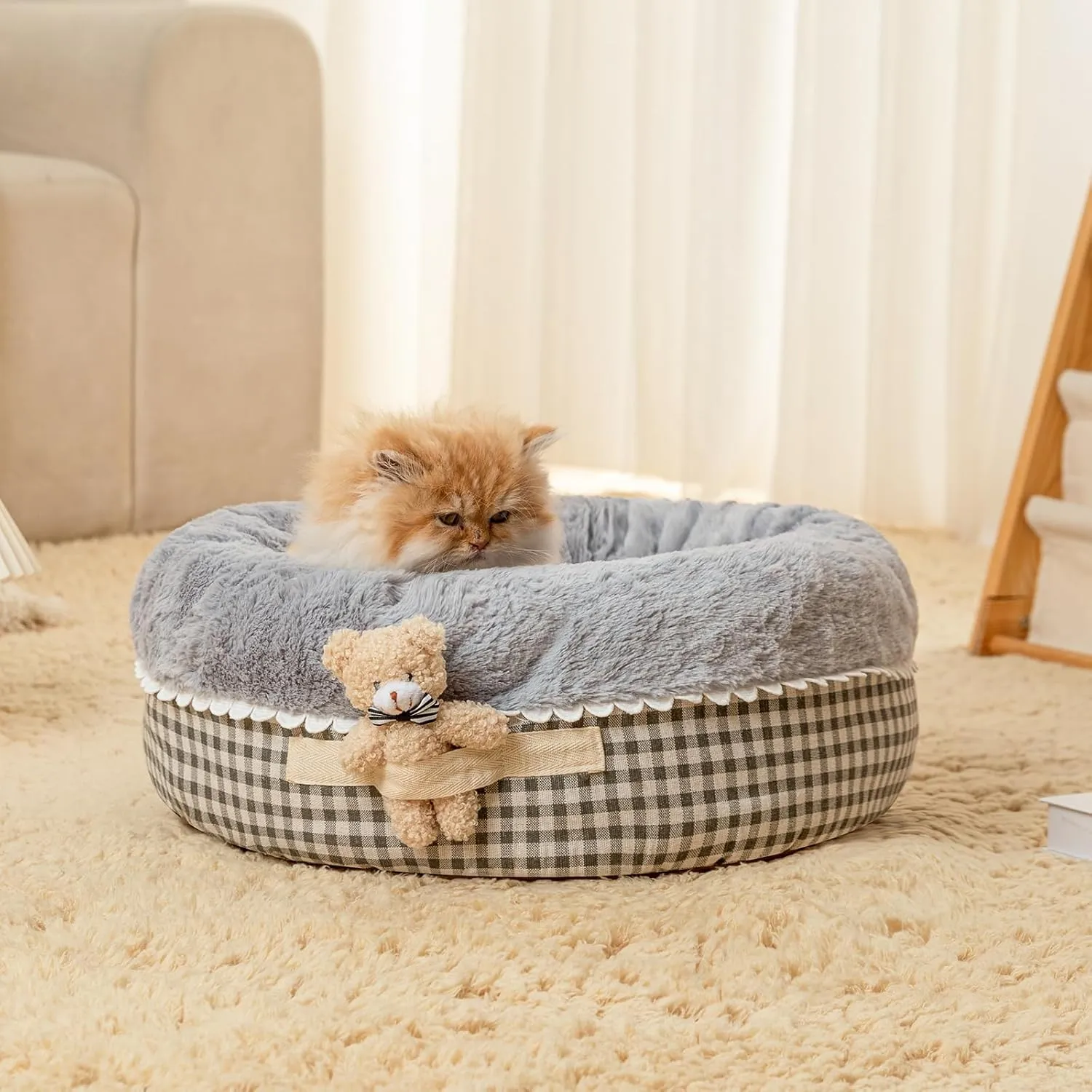 Jiupety Teddy Donut Cat & Dog Bed - Washable, Warm & Calming, Suitable for Kittens & Puppies, Anti-Slip, Gray, 20" Round, Fits 12lbs
