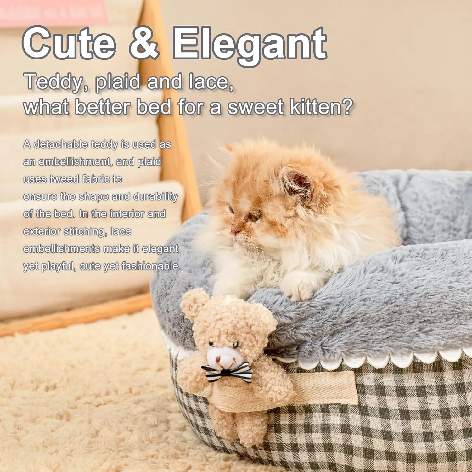 Jiupety Teddy Donut Cat & Dog Bed - Washable, Warm & Calming, Suitable for Kittens & Puppies, Anti-Slip, Gray, 20" Round, Fits 12lbs
