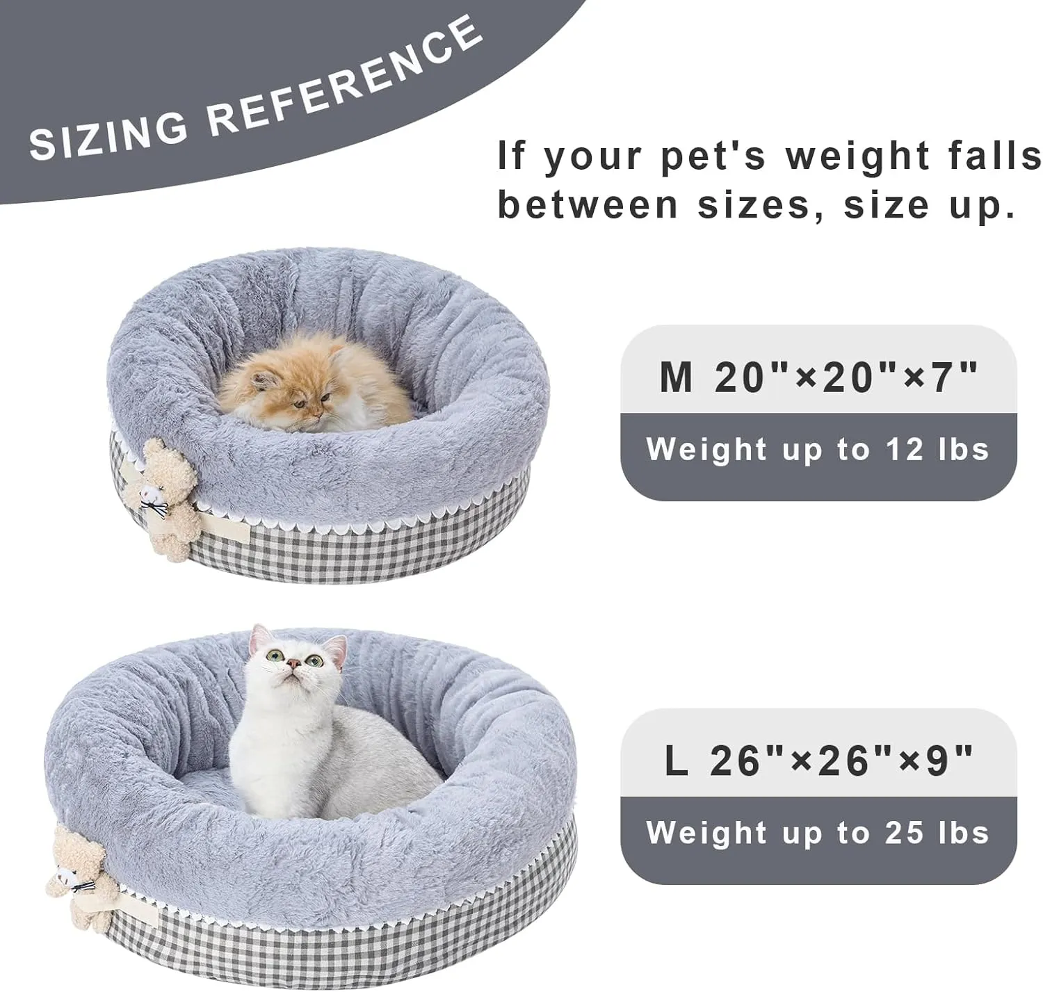 Jiupety Teddy Donut Cat & Dog Bed - Washable, Warm & Calming, Suitable for Kittens & Puppies, Anti-Slip, Gray, 20" Round, Fits 12lbs
