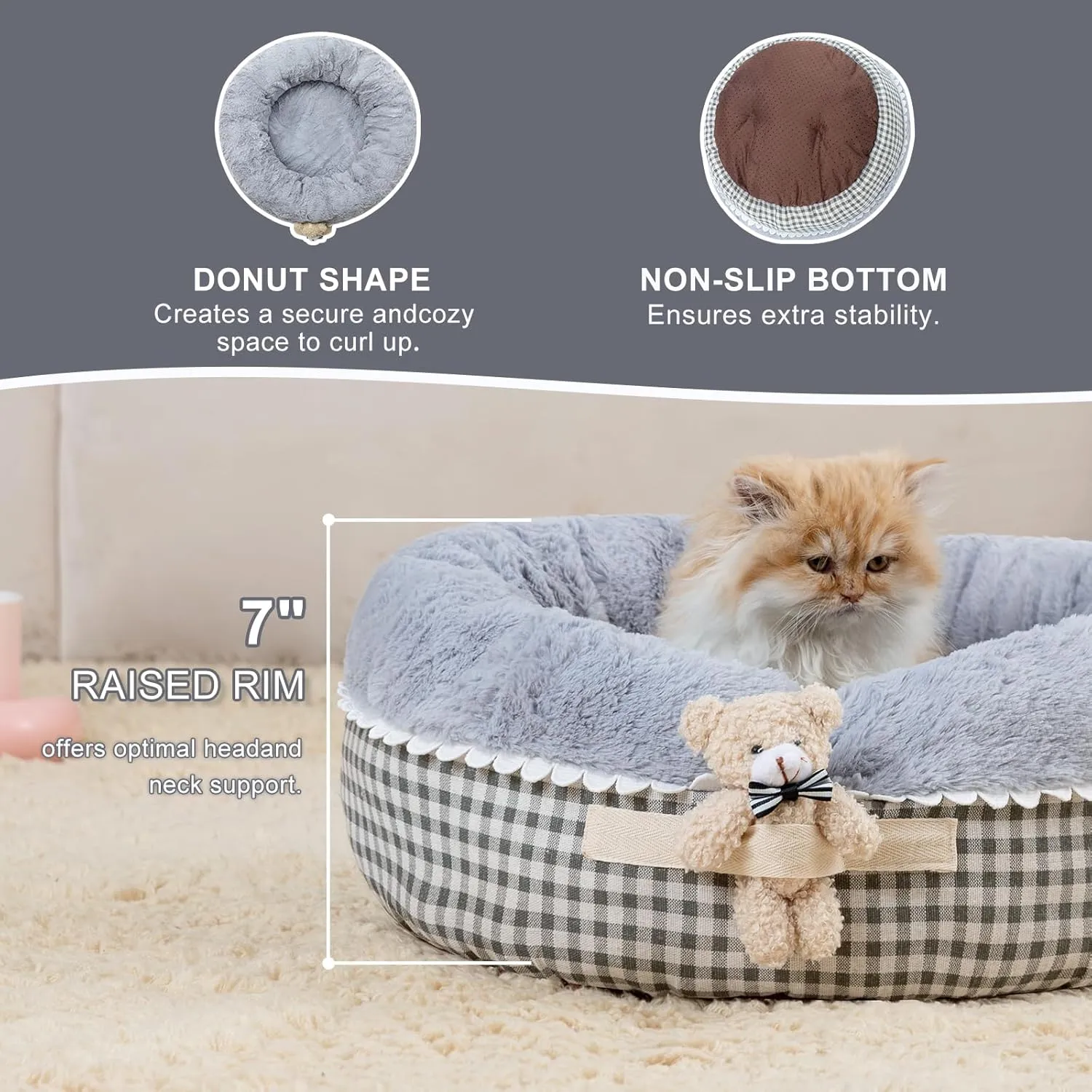 Jiupety Teddy Donut Cat & Dog Bed - Washable, Warm & Calming, Suitable for Kittens & Puppies, Anti-Slip, Gray, 20" Round, Fits 12lbs