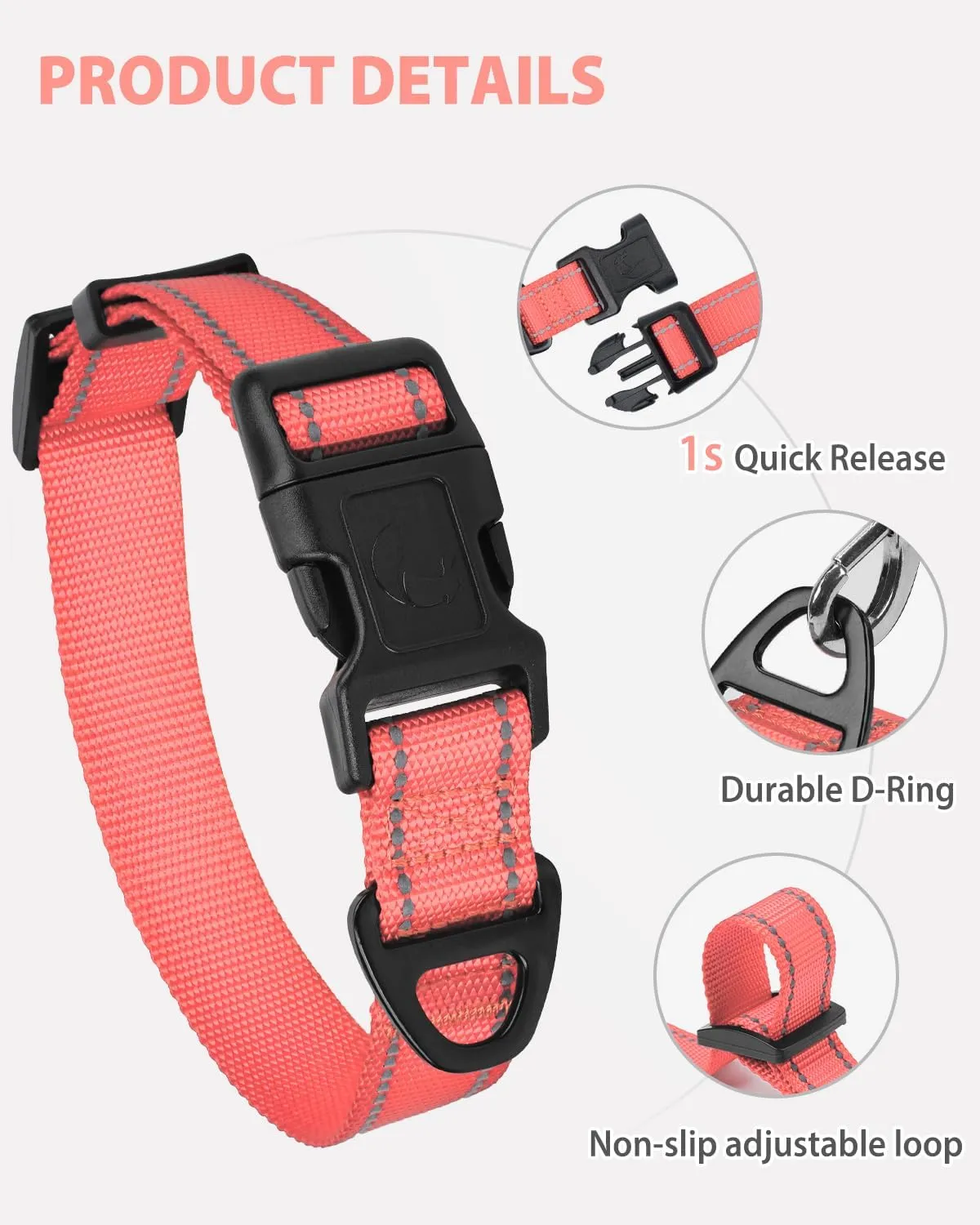 Joytale Small Dog Collar, Reflective and Adjustable Nylon Collar with Quick-Release Buckle, Lightweight No-Choke Design for Small Dogs, Pink, 5/8" Width