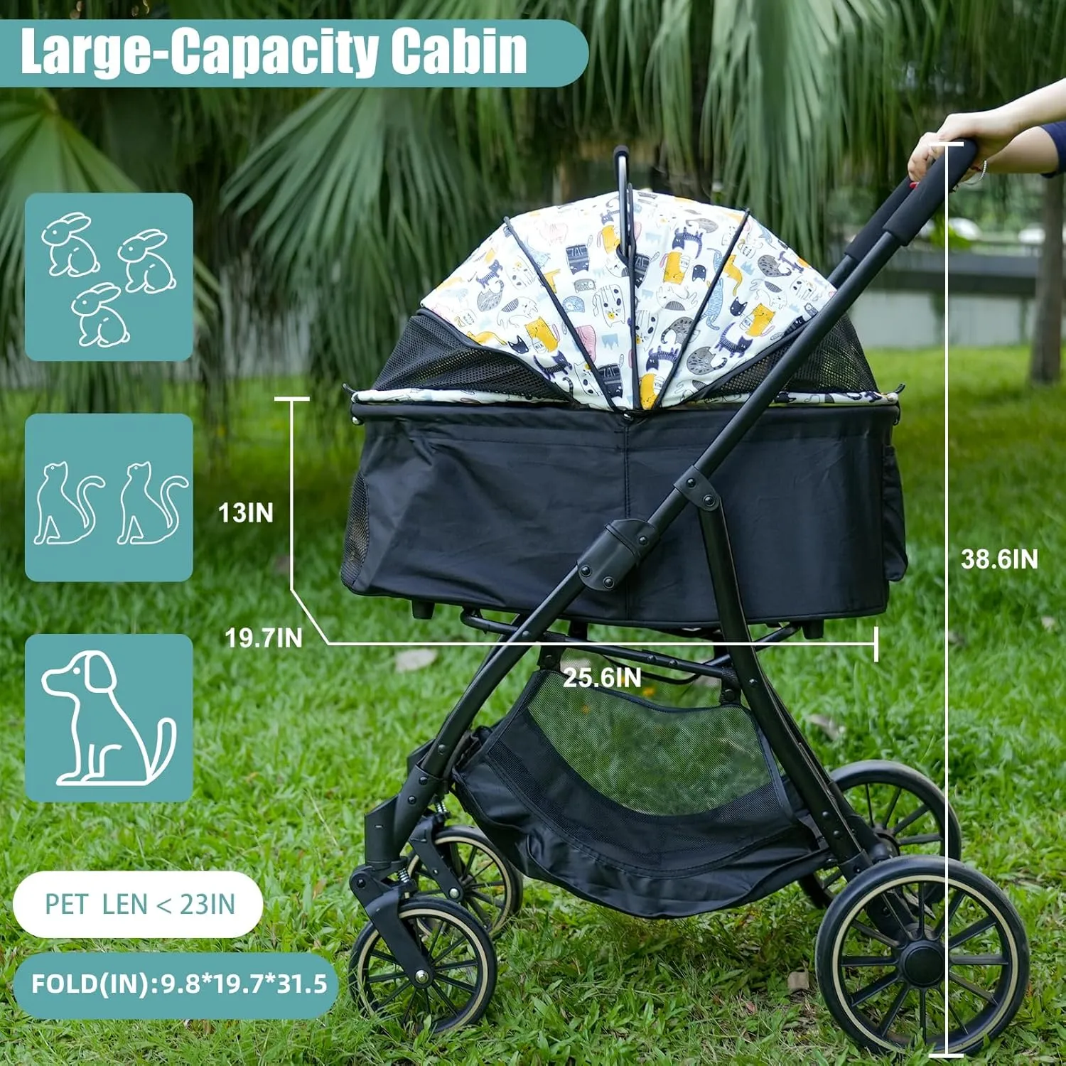 JXMIYACOO 4-Wheel Cat Stroller for 2-3 Pets, Lightweight Foldable Travel Carrier with 7" Wheels - White, 3-in-1 Design for Outdoor Shopping & Puppies