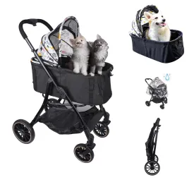 JXMIYACOO 4-Wheel Cat Stroller for 2-3 Pets, Lightweight Foldable Travel Carrier with 7" Wheels - White, 3-in-1 Design for Outdoor Shopping & Puppies