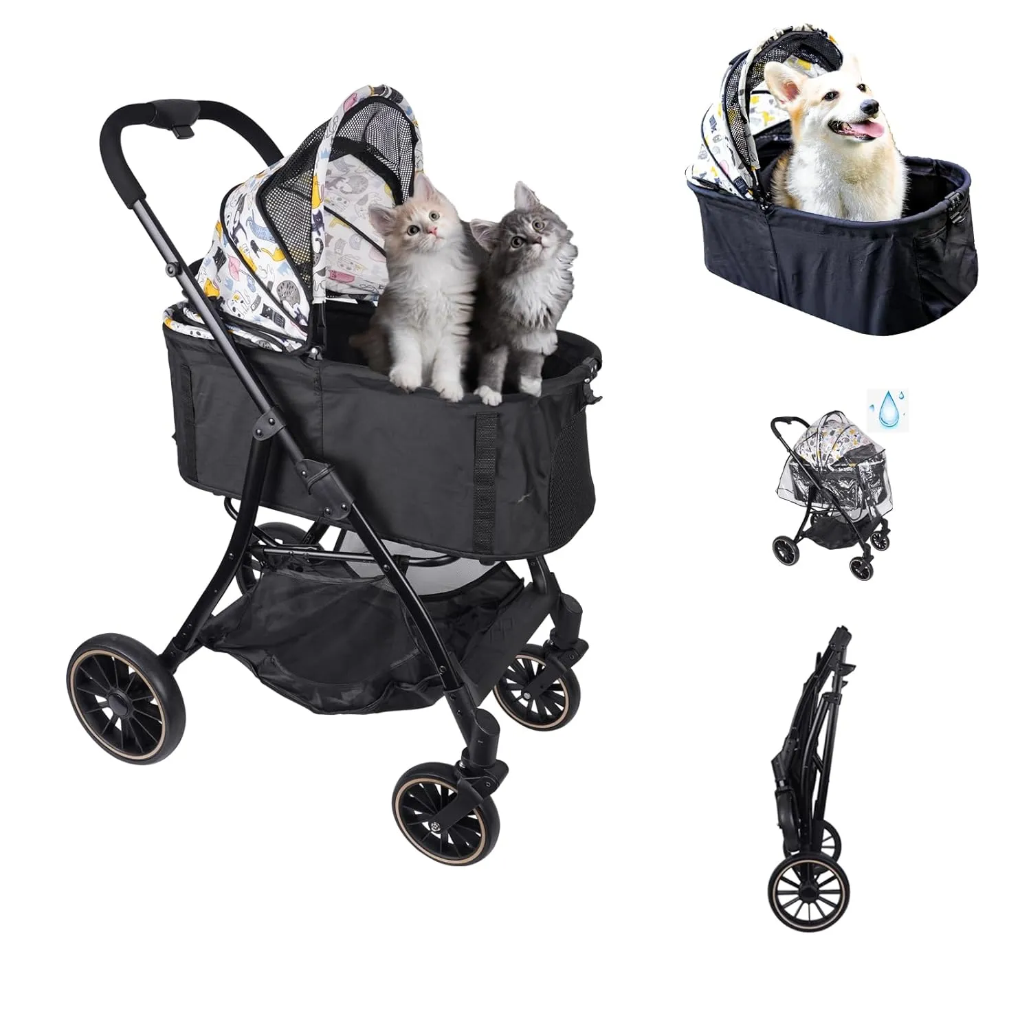 JXMIYACOO 4-Wheel Cat Stroller for 2-3 Pets, Lightweight Foldable Travel Carrier with 7" Wheels - White, 3-in-1 Design for Outdoor Shopping & Puppies
