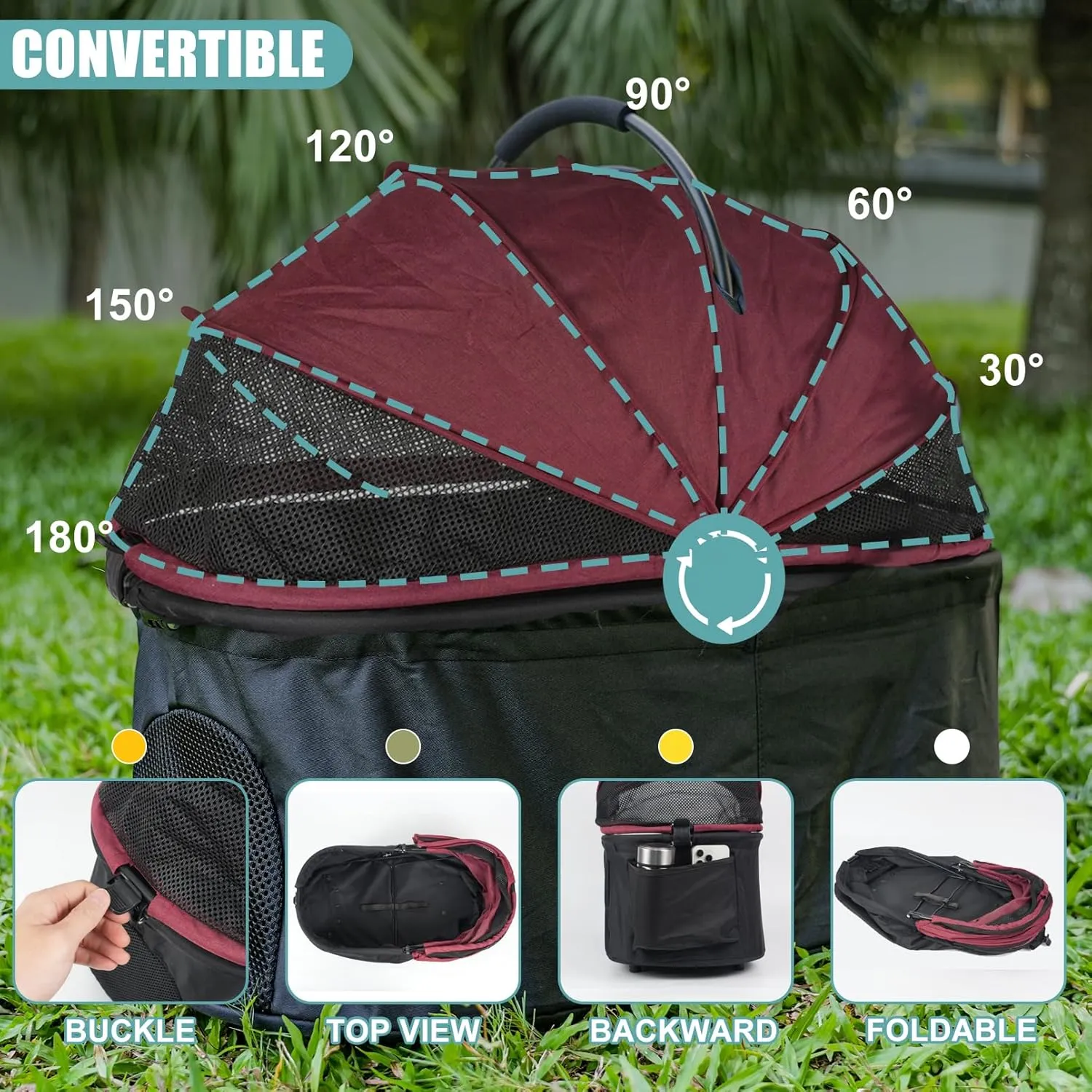 JXMIYACOO Cat Stroller for 2 Cats & Small Dogs, 3-in-1 Foldable Pet Carrier with Raincoat, Large Cabin (25x19x13) & 10" Wheels, Ideal for Travel, Mall & Vet Visits- Red