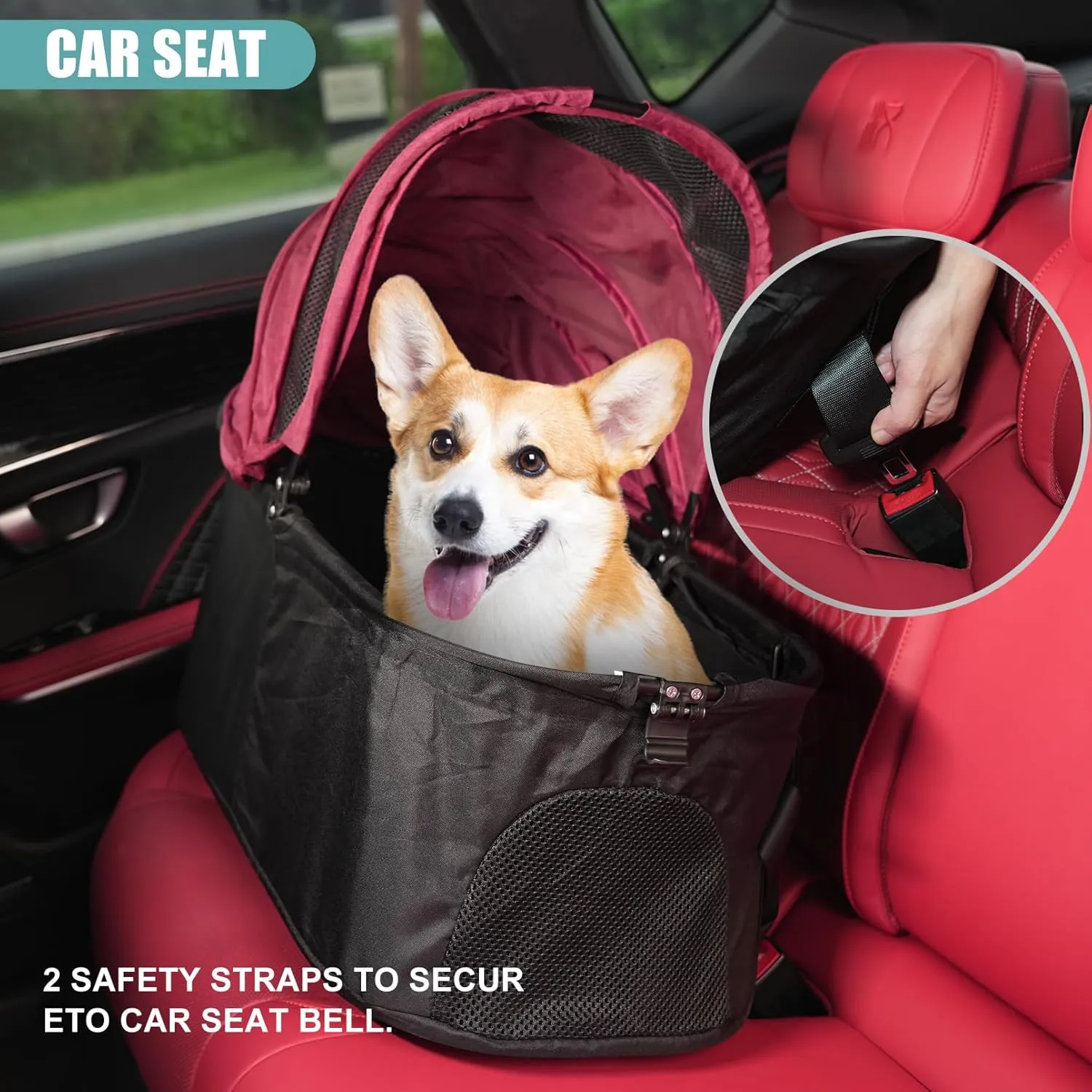 JXMIYACOO Cat Stroller for 2 Cats & Small Dogs, 3-in-1 Foldable Pet Carrier with Raincoat, Large Cabin (25x19x13) & 10" Wheels, Ideal for Travel, Mall & Vet Visits- Red