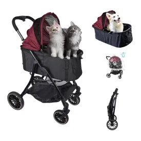 JXMIYACOO Cat Stroller for 2 Cats & Small Dogs, 3-in-1 Foldable Pet Carrier with Raincoat, Large Cabin (25x19x13) & 10" Wheels, Ideal for Travel, Mall & Vet Visits- Red