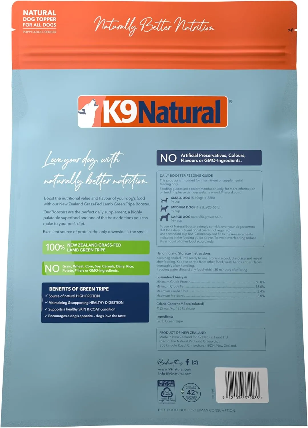 K9 Natural Grain-Free Freeze-Dried Dog Food Supplement Booster, Lamb Green Tripe 1.5lb