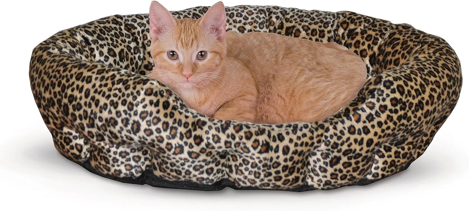 K&H Pet Products Self-Warming Nuzzle Nest Cat Bed, Soft Plush Comfortable Self Heating Pet Bed, No Electric Needed to Keep Pets Warm, Also For Small Dogs, Machine Washable - 19in Leopard/Tan