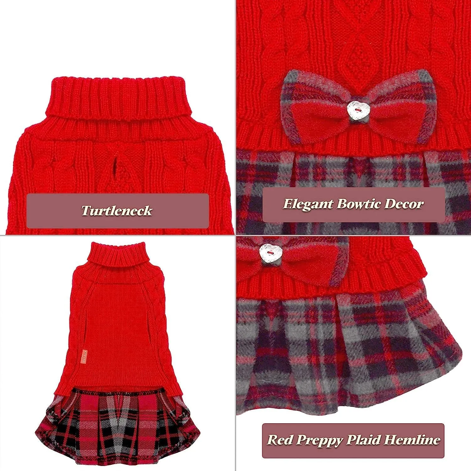 KYEESE Dog Christmas Sweater Comfy Dog Sweater Warm Medium Dog Sweater with Bowtie Soft Dog Sweater for Medium Dogs Girl Turtleneck Dog Sweater Medium Size Dog Stretchy Dog Clothes Dog Sweater Dress