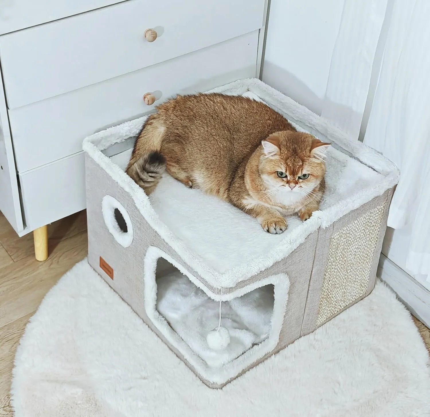 Large Cat Cave Bed for Indoor Cats, Foldable Pet House Cube with Scratch Pad, Kitten Condo Cat Hideaway Cute Hut with Soft Pillow Mat, Beige,17x17x13 inches