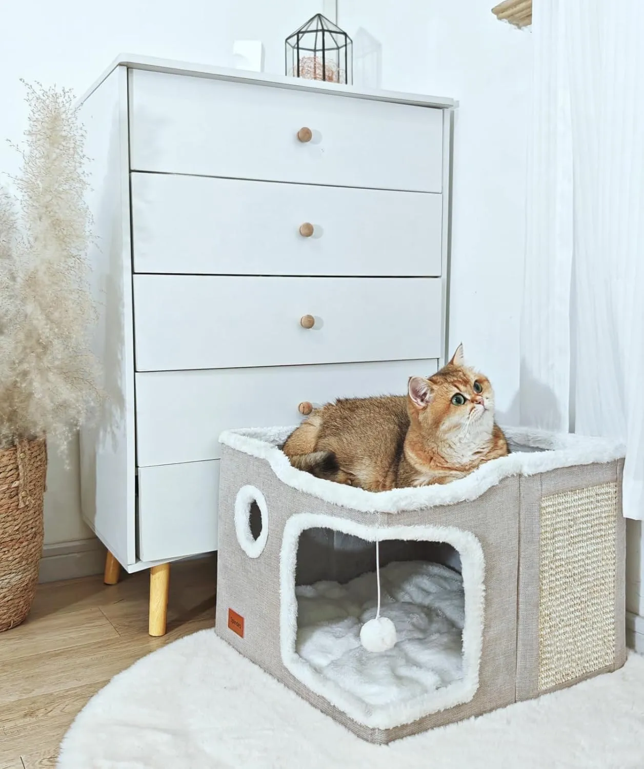 Large Cat Cave Bed for Indoor Cats, Foldable Pet House Cube with Scratch Pad, Kitten Condo Cat Hideaway Cute Hut with Soft Pillow Mat, Beige,17x17x13 inches