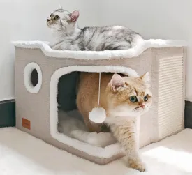 Large Cat Cave Bed for Indoor Cats, Foldable Pet House Cube with Scratch Pad, Kitten Condo Cat Hideaway Cute Hut with Soft Pillow Mat, Beige,17x17x13 inches