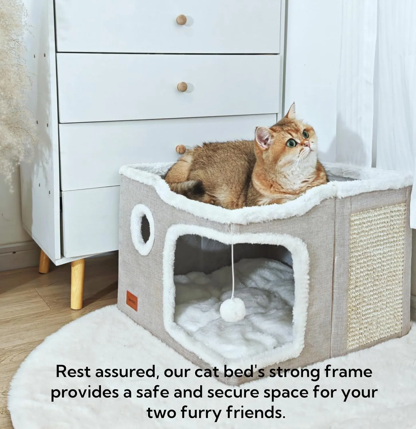Large Cat Cave Bed for Indoor Cats, Foldable Pet House Cube with Scratch Pad, Kitten Condo Cat Hideaway Cute Hut with Soft Pillow Mat, Beige,17x17x13 inches