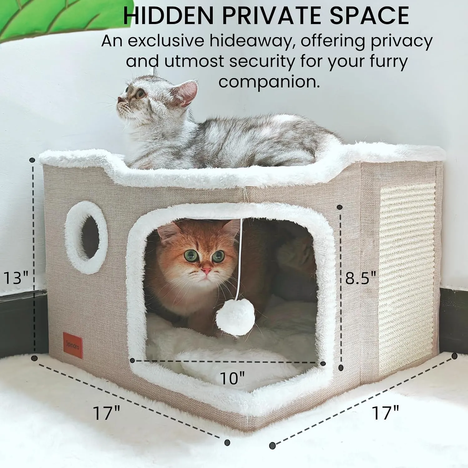Large Cat Cave Bed for Indoor Cats, Foldable Pet House Cube with Scratch Pad, Kitten Condo Cat Hideaway Cute Hut with Soft Pillow Mat, Beige,17x17x13 inches
